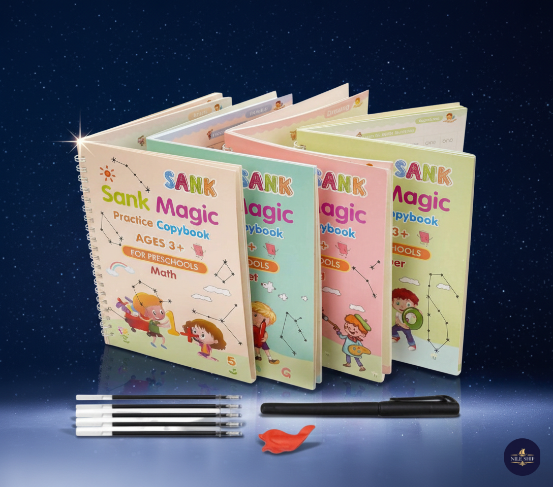 Sank Magic Practice Copybook, (4 BOOK + 10 REFILL+ 1 Pen +1 Grip) Number Tracing Book for Preschoolers with Pen, Magic Calligraphy Copybook Set Practical Reusable Writing Tool Simple Hand Lettering
